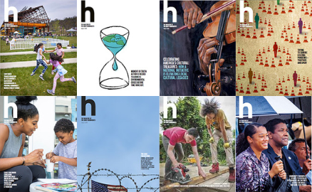 Eight issues of h magazine displayed in two rows.